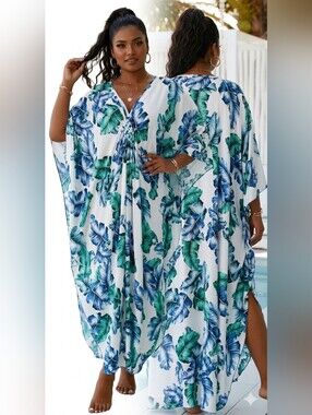NEW Tropical Leaf Kaftan Bohemian Maxi Lounger Beach Cover-Up Dashiki Dress